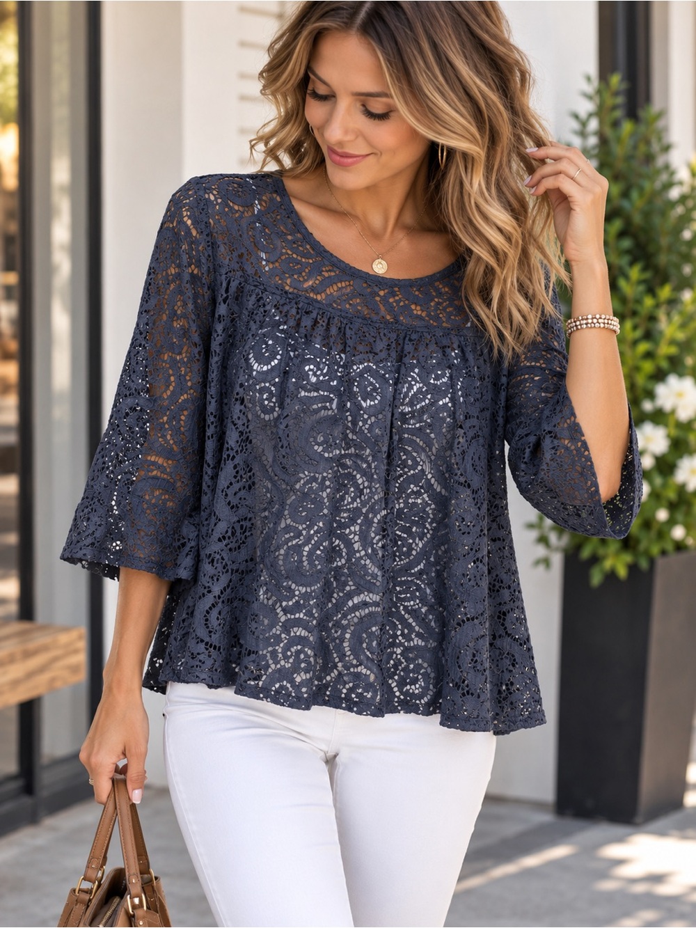 LOFT Navy Lace Peasant Blouse